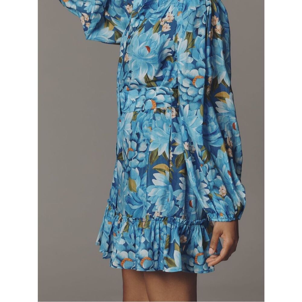 NWT Farm Rio x Anthropologie Blue Floral Belted Mini Dress size S - Picture 3 of 11